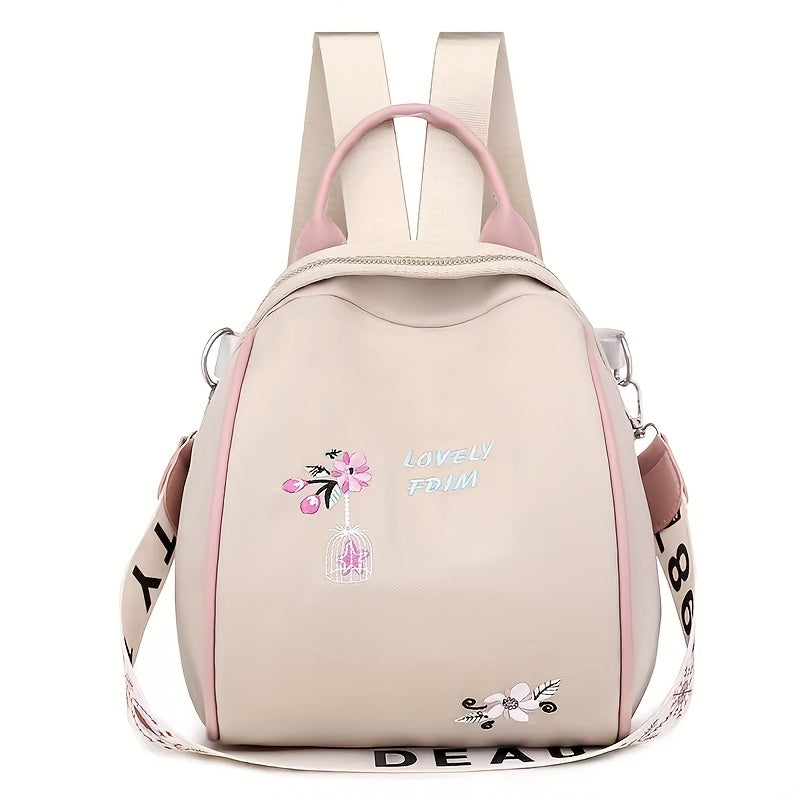 Floral Embroidery Zipper Backpack with Letter Tape Strap