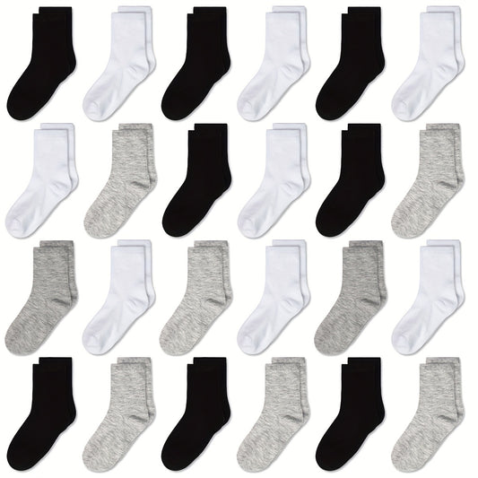 24 Pairs Kids Breathable Crew Socks Boys Girls Plain Casual Children's Socks