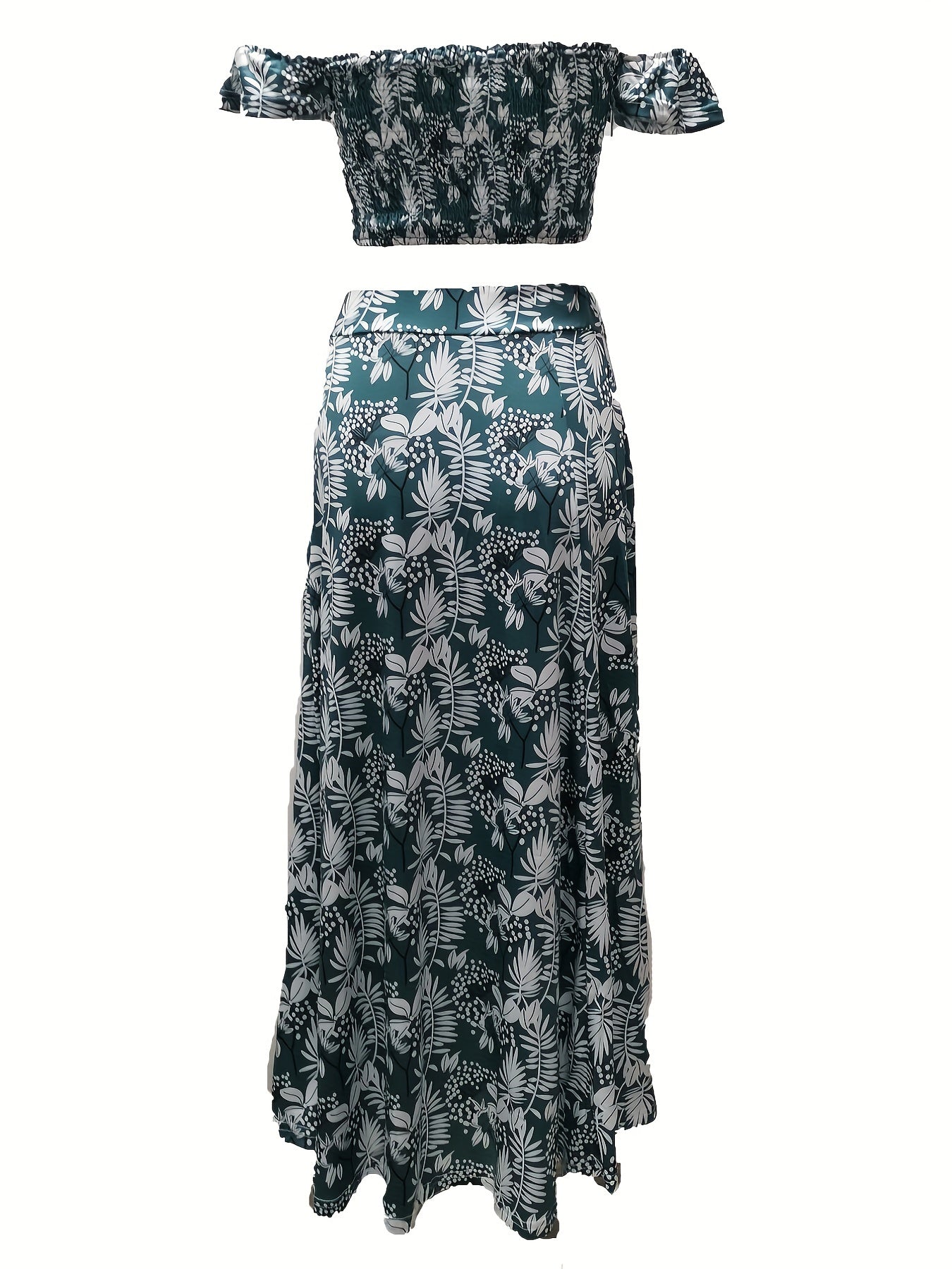 Vacation Plant Print 2pc Set Off Shoulder Tops & High Waist Skirts