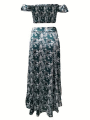 Vacation Plant Print 2pc Set Off Shoulder Tops & High Waist Skirts