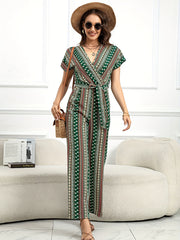 Ethnic Print Wide Leg Jumpsuit Boho Tie Waist V neck Jumpsuit