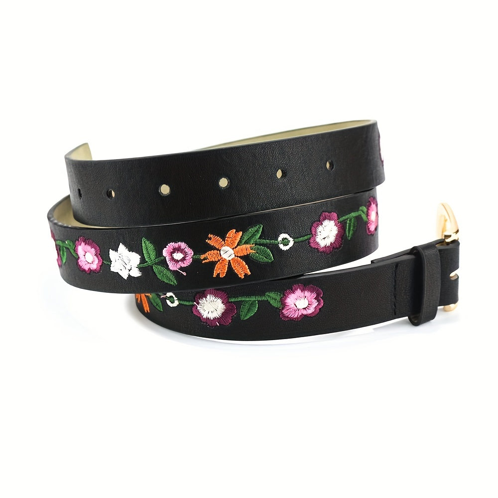 Boho Flower Embroidery Belt Vintage Pin Buckle PU Leather Waistband