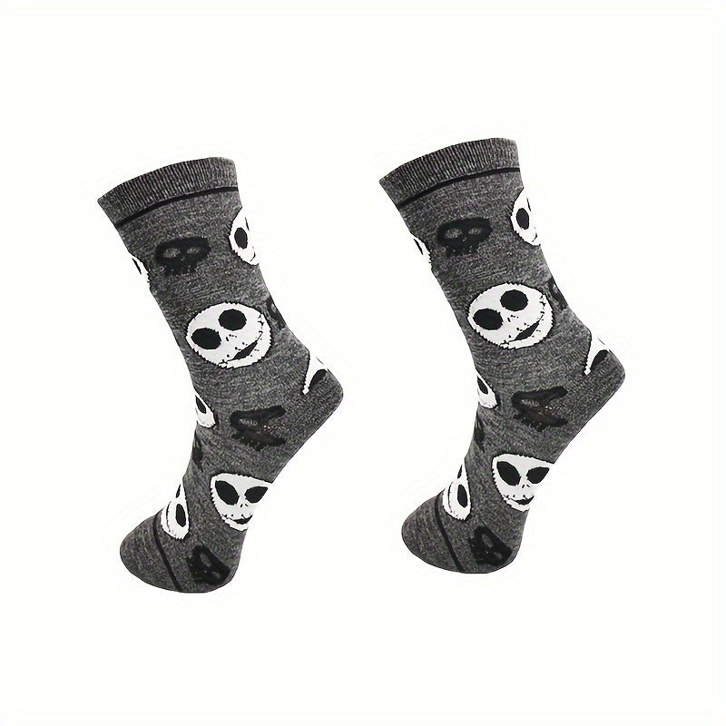 Skull Print Socks Comfy Funny Halloween Crew Socks Women's
