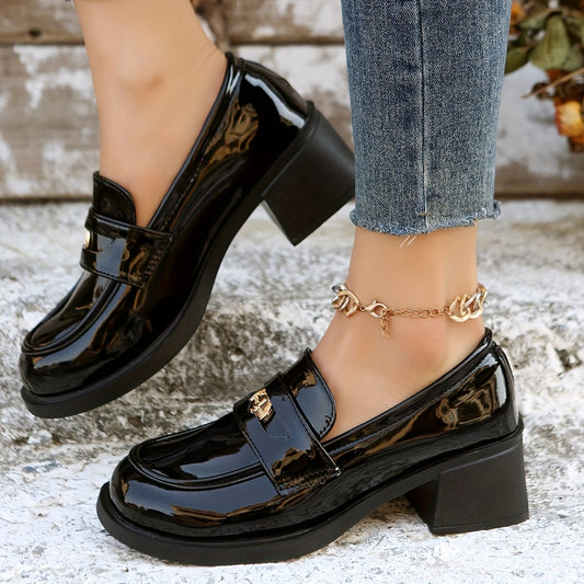 Women's Chunky Heel Loafers Patent Leather Mid Heels British Style