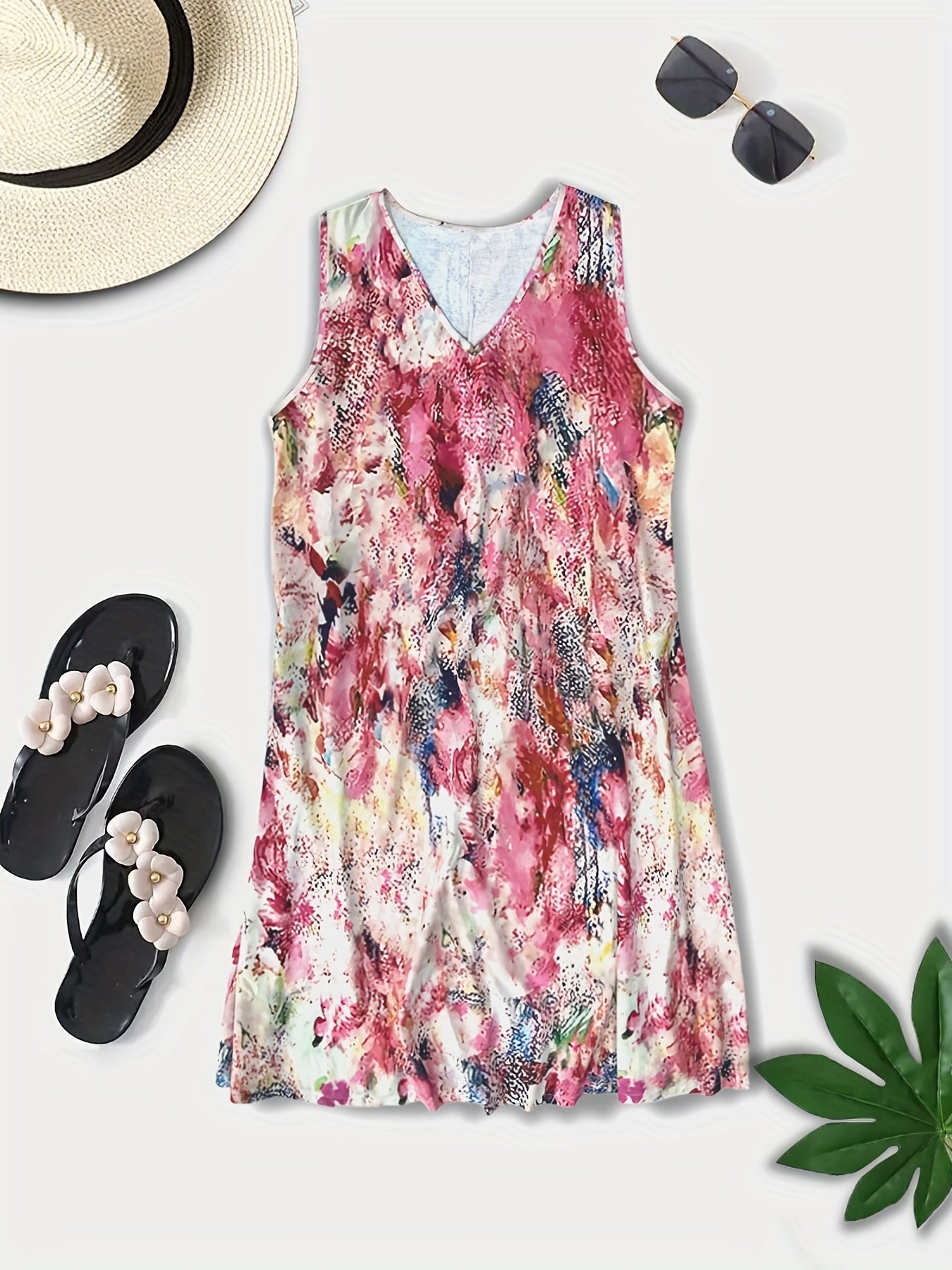  Random Print V Neck Tank Dress