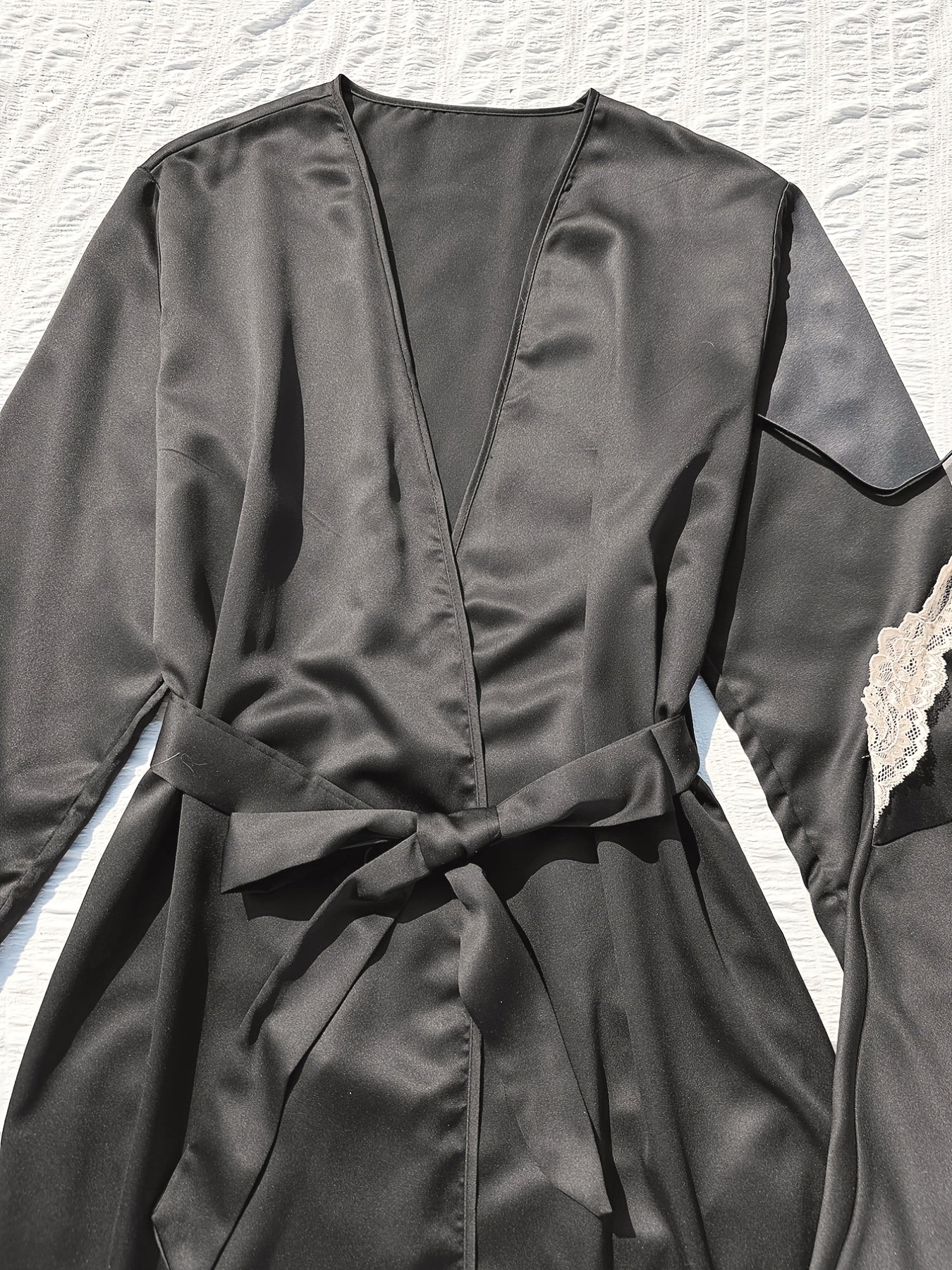 2pcs Satin Robe & Cami Dress Set with Lace Trim