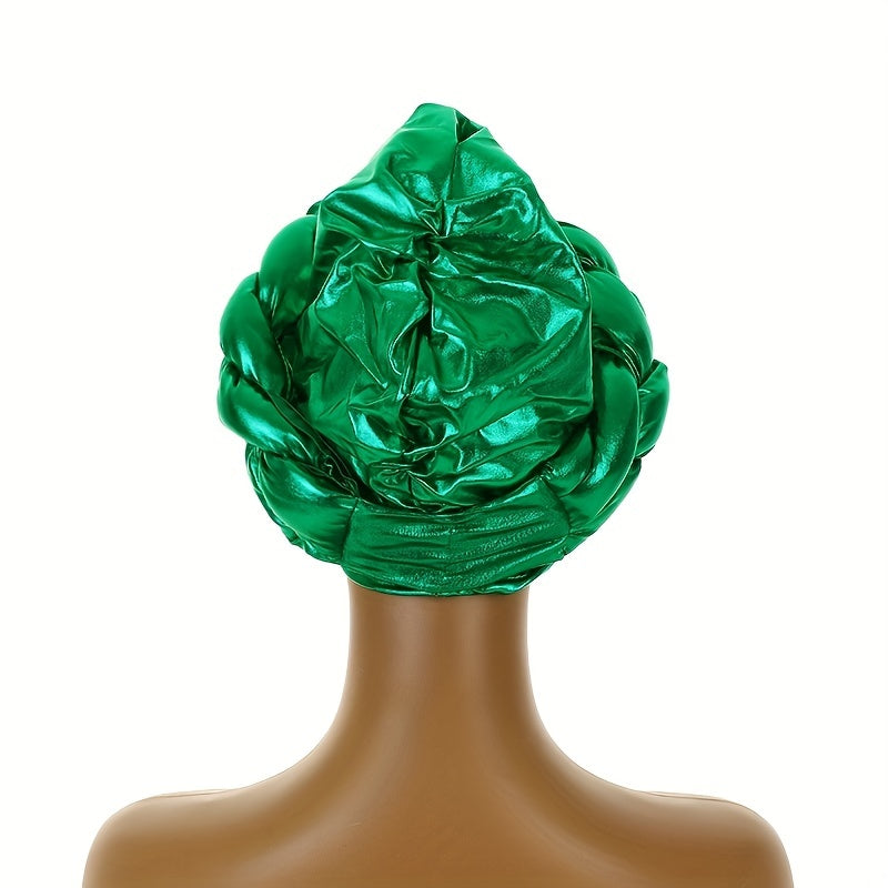 Green Hot Stamping Turban Cap Elastic Braided Pre-tied Head Wrap