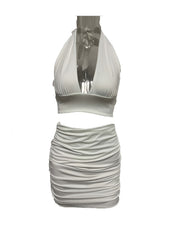 Solid Matching Two piece Skirt Set Crop Halter Top & Ruched Skirt