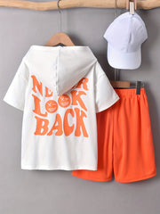 Boys Smile Graphic Hooded T Shirt & Shorts Set for Sports Leisure