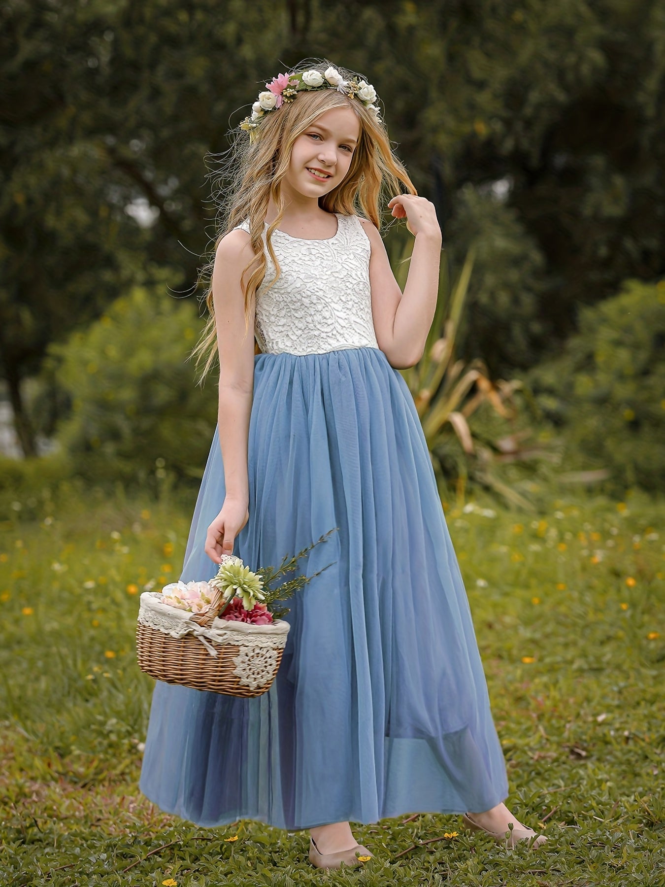 Girls Flower Lace Sleeveless Mesh Dress for Wedding Piano Performance