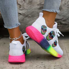 Colorful Skull Pattern Sneakers Lace Up Knit Mesh Shoes Lightweight Breathable