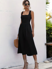 Women Solid Midi Long Dress Backless Slip Square Collar Ruched Party