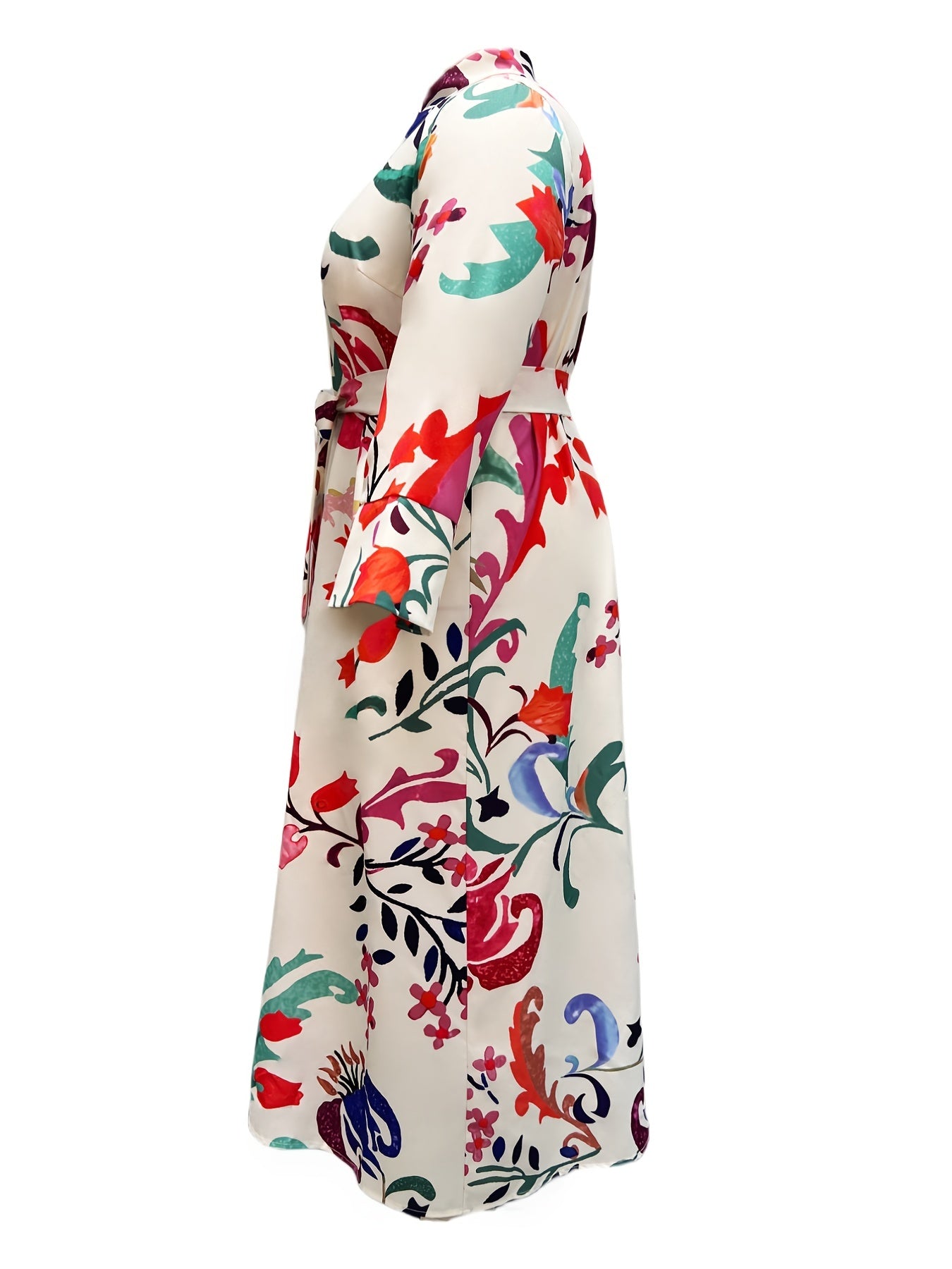  Floral Print Long Sleeve Shirt Dress With Belt