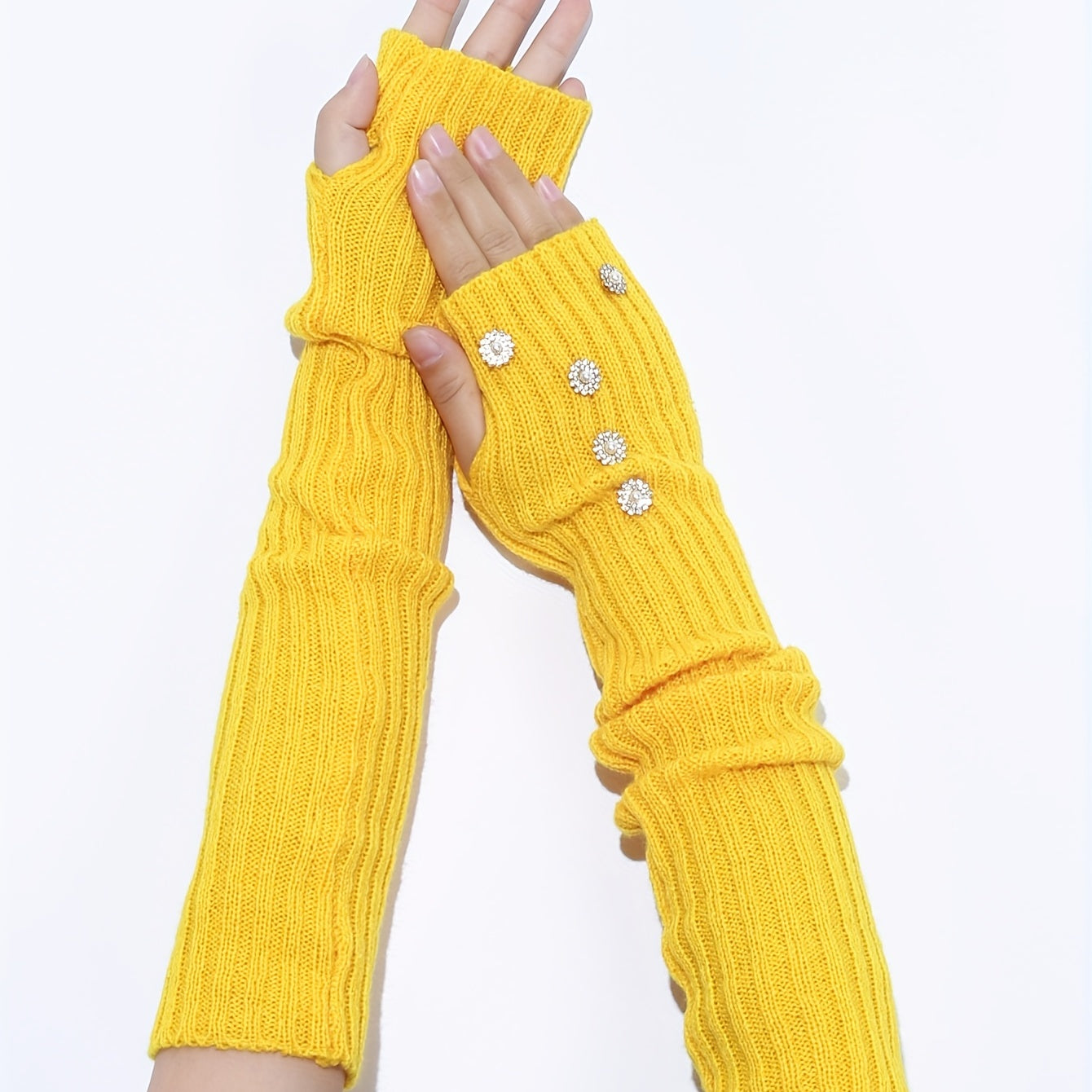 Yellow Knit Fingerless Gloves Y2K Pearl Flower Detail Warm Elastic
