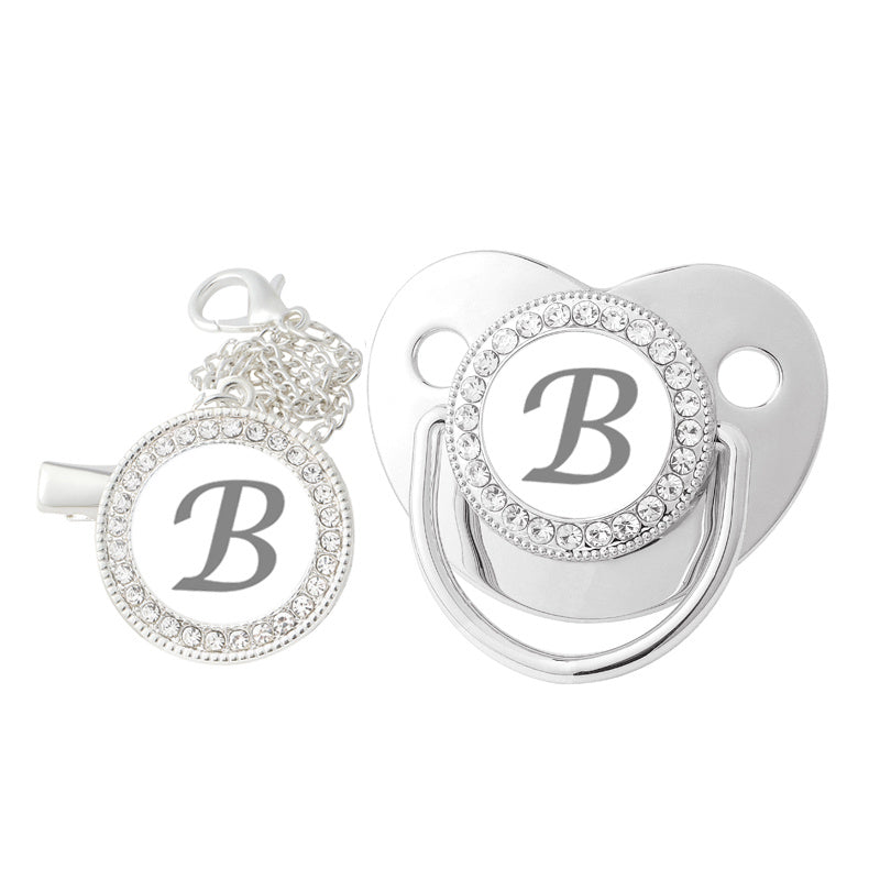 Silver Rhinestone Baby Letter Pacifier Nursing Mouth with Chain Clip
