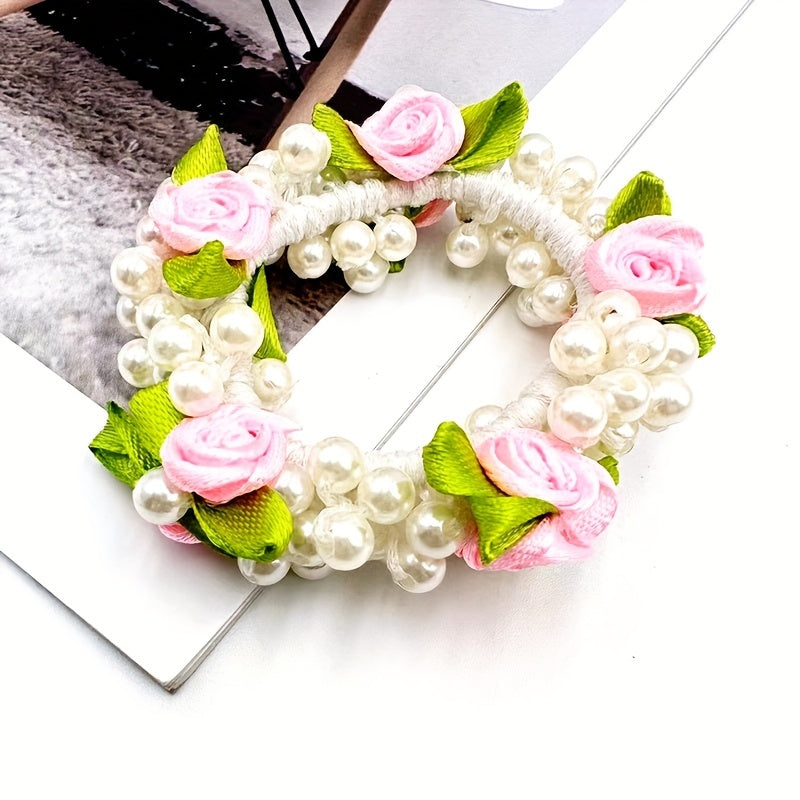 Rose Flower Faux Pearl Hair Tie Rubber Head Rope Sweet Lady Headwear