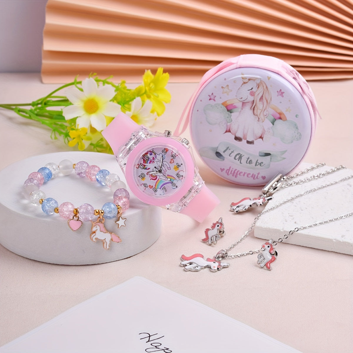 6pcs Unicorn LED Watch Necklace Bracelet Earrings Set