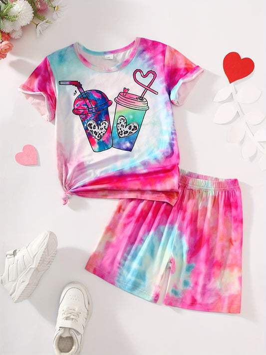 Girls' Pink Tie Dye Shorts Suit Drinks Pattern Short Sleeve T Shirt & Shorts Set