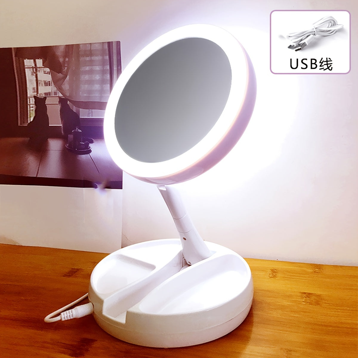 USB Dual Purpose Double Sided Mirror LED Makeup Mirror Portable Makeup Mirror