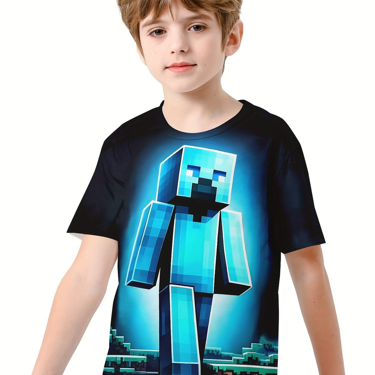 Pixel Man 3D Print Boy's Tee Short Sleeve Crew Neck T-shirt for Kids