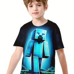 Pixel Man 3D Print Boy's Tee Short Sleeve Crew Neck T-shirt for Kids
