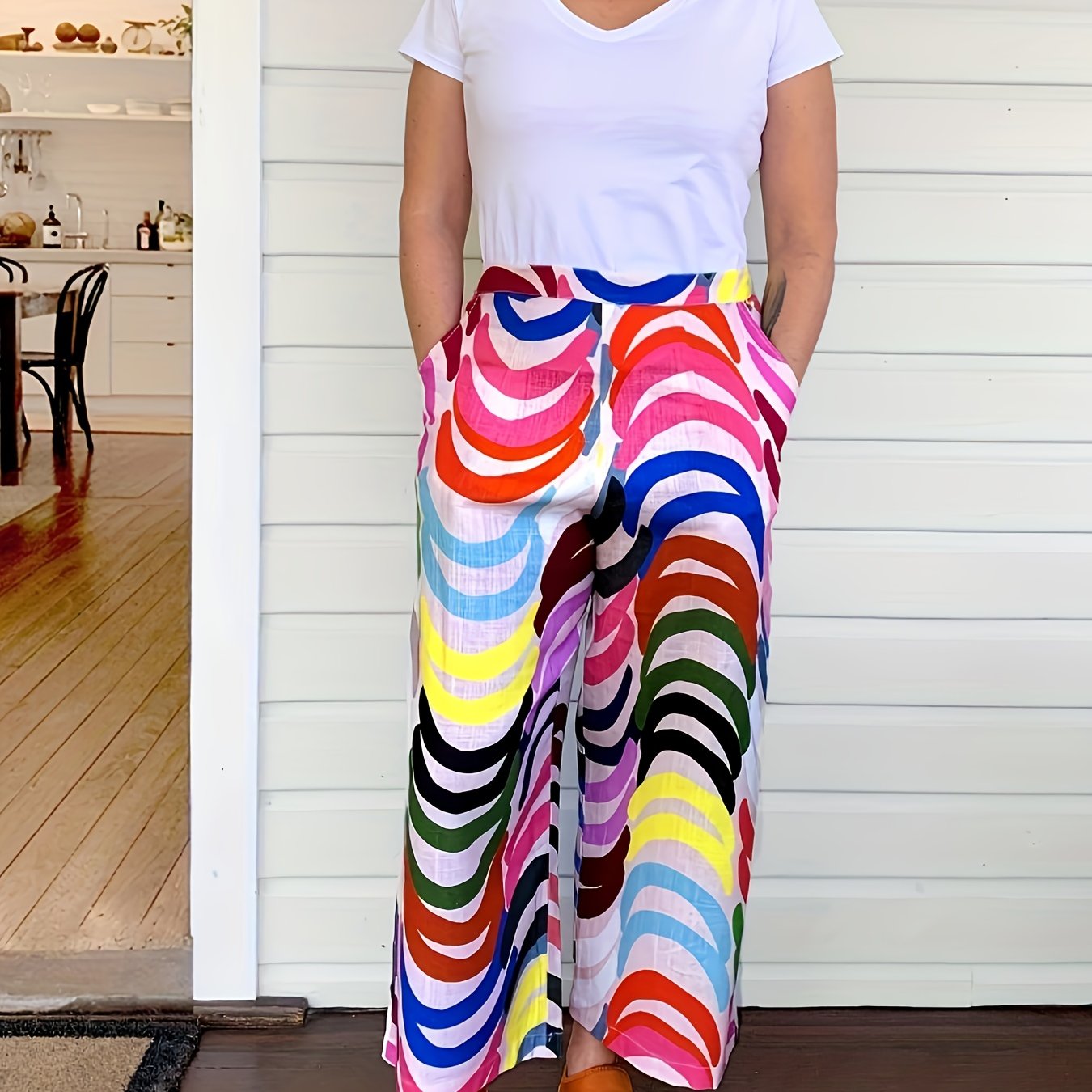Women's Plus Graphic Print Wide Leg Loose Trousers With Pockets