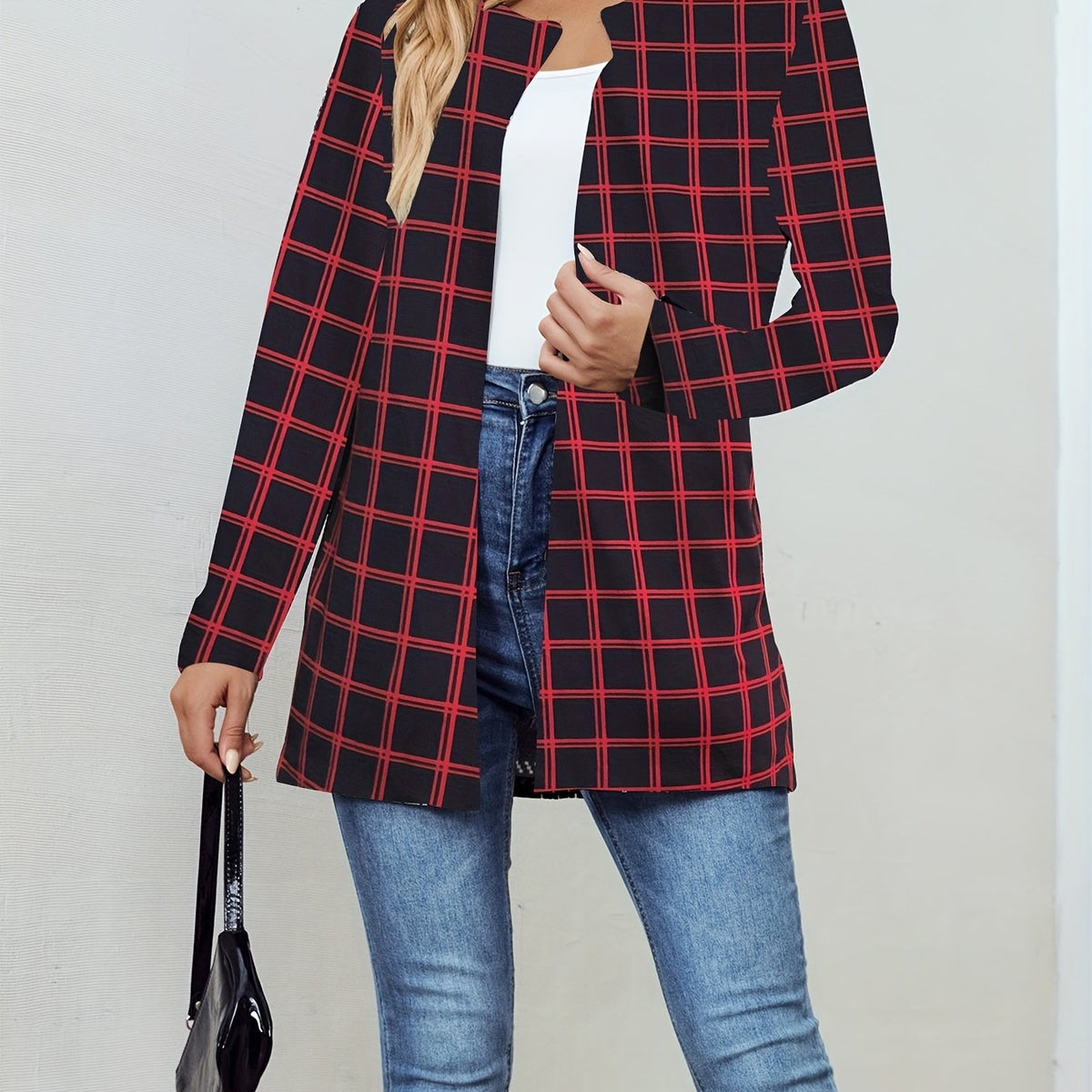 Plaid Crew Neck Jacket Casual Open Front Long Sleeve Jacket