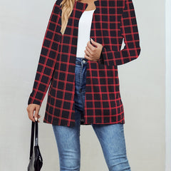 Plaid Crew Neck Jacket Casual Open Front Long Sleeve Jacket