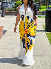  Daisy Print Halter Neck Maxi Dress