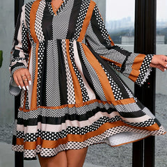  Colorblock Dot Print Bell Sleeve Mini Dress