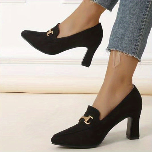 Women's Chunky Heeled Pumps Pointed Toe Slip On High Heels Dress Shoes