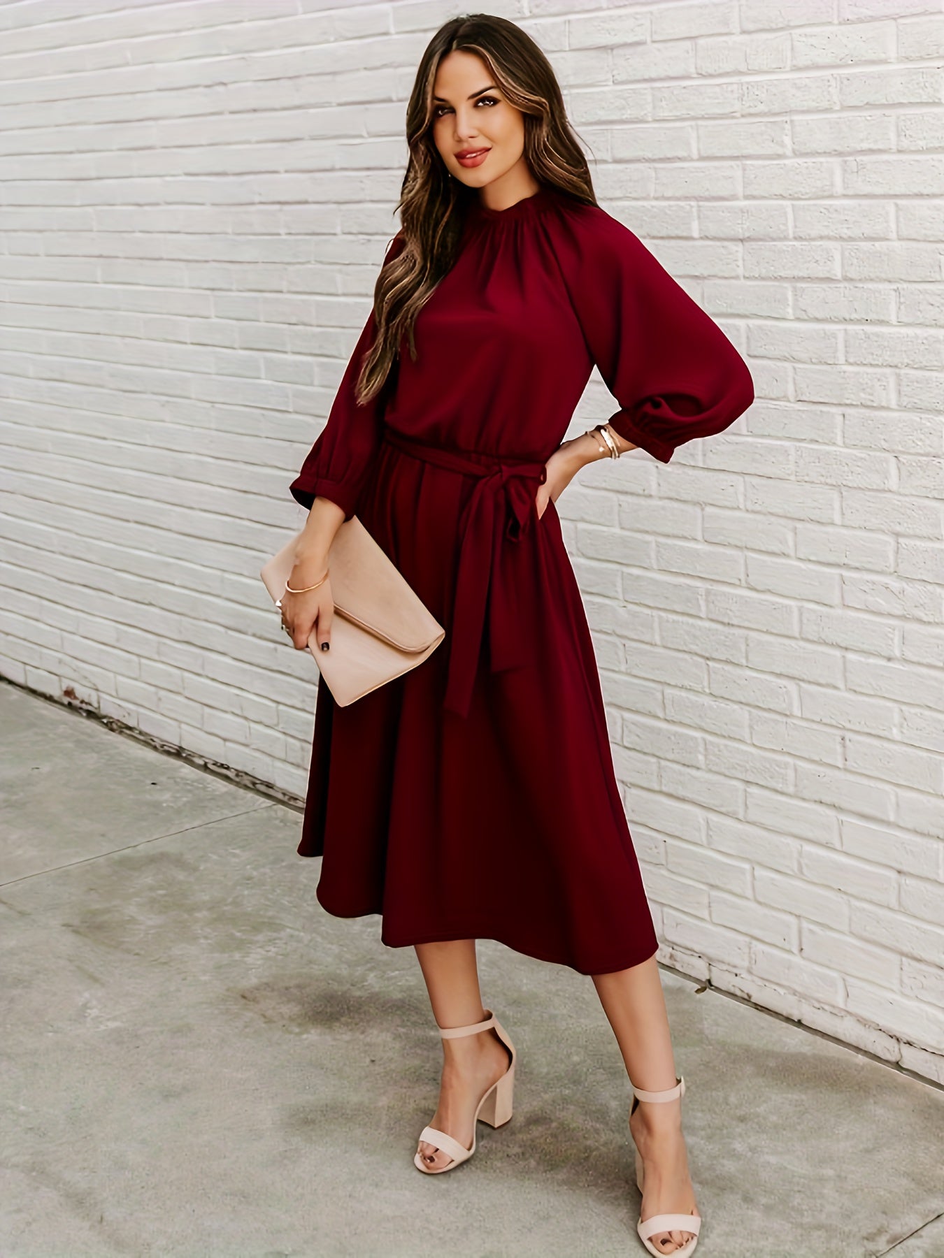  Lantern Sleeve Round Neck Belted Dress