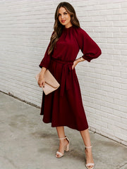  Lantern Sleeve Round Neck Belted Dress