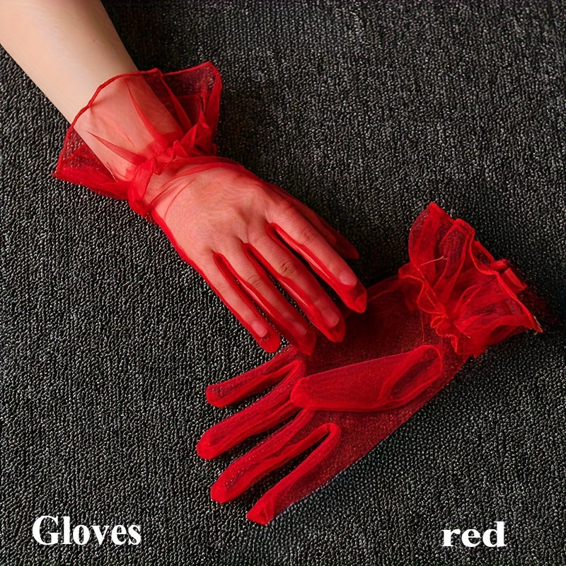 2pcs Sheer Mesh Short Gloves Ruffled Sleeve L