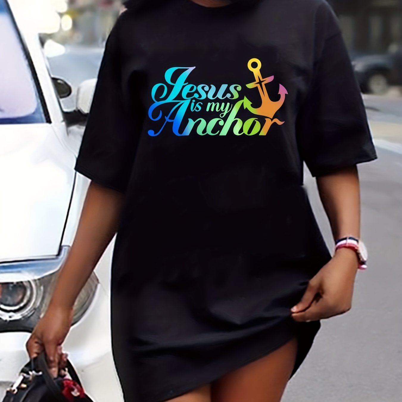 Plus Anchor & Letter Print Short Sleeve Tee Dress