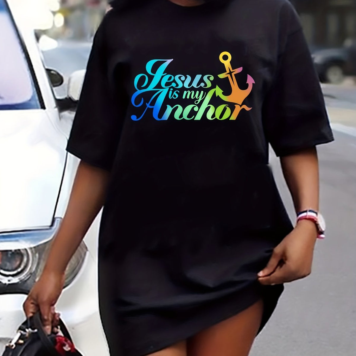 Plus Anchor & Letter Print Short Sleeve Tee Dress
