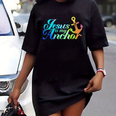 Plus Anchor & Letter Print Short Sleeve Tee Dress