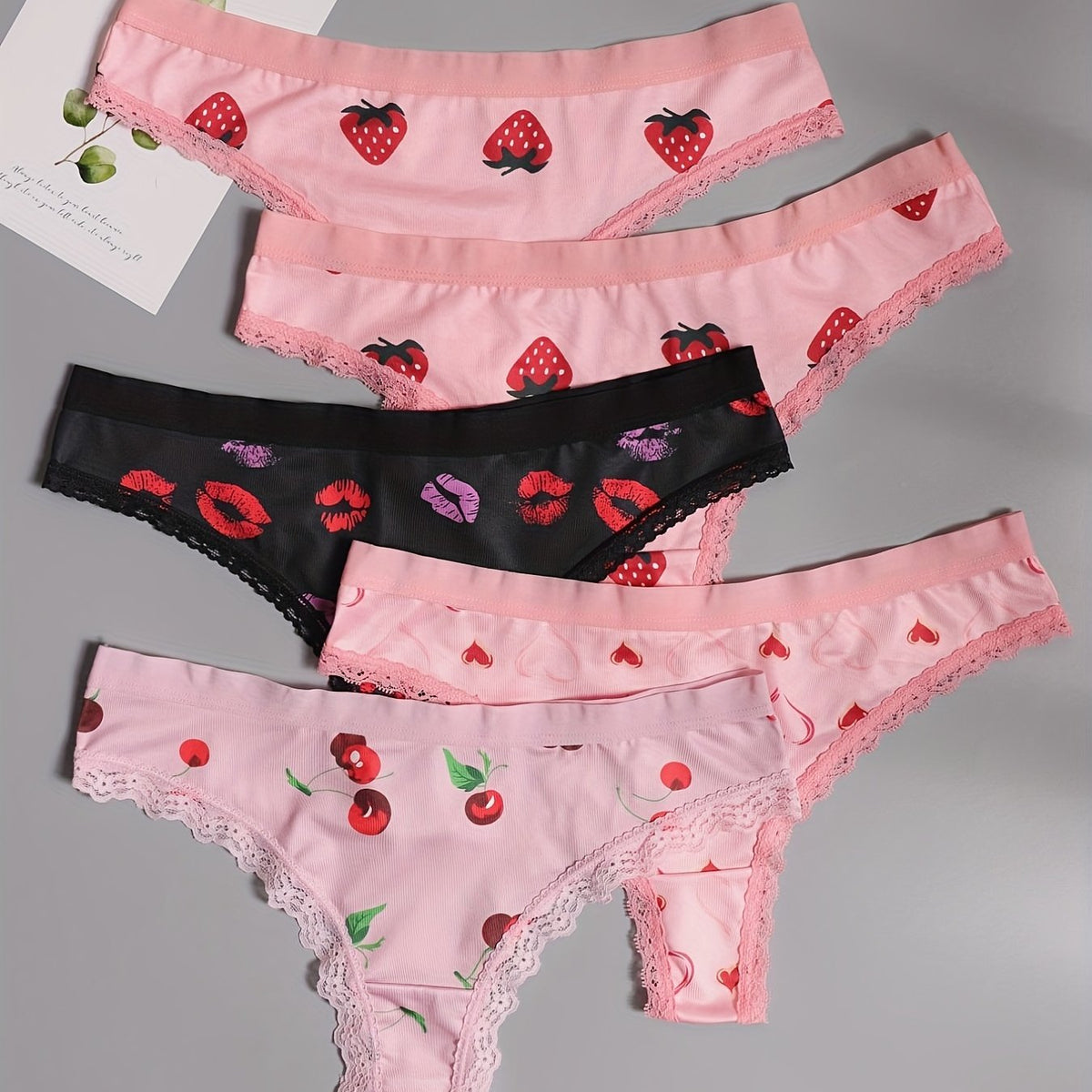 5 Pack Women's Plus Size Thongs Set Lace Pattern Contrast Stretch Medium