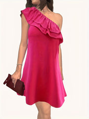  Solid One Shoulder Ruffle Tunic Dress