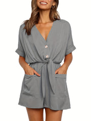 Women's V Neck Button Rompers Knot Tie Short Sleeve Jumpsuit