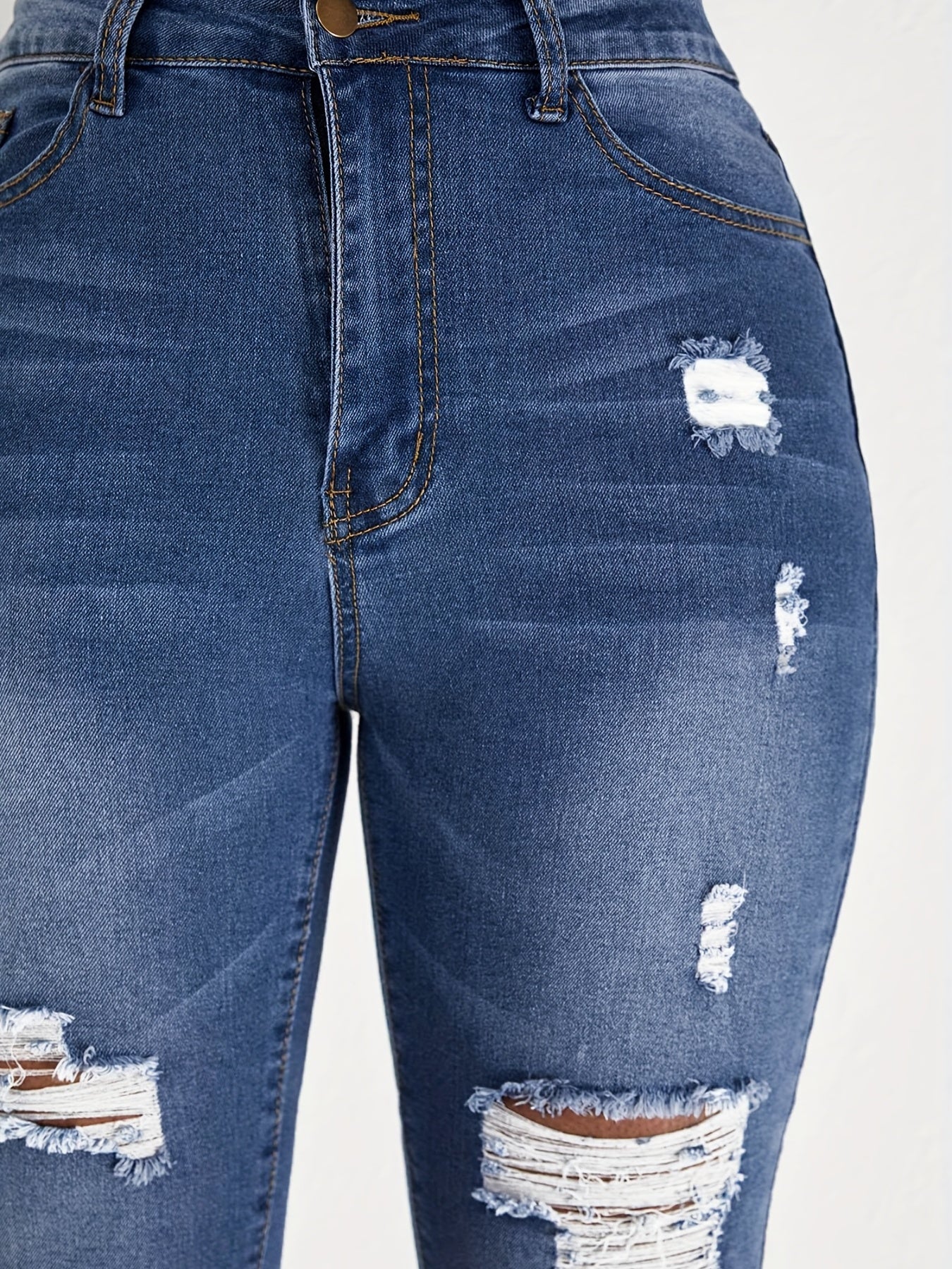 Women's Plus Ripped Skinny Jeans Button Fly Denim Pants