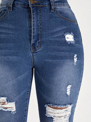 Women's Plus Ripped Skinny Jeans Button Fly Denim Pants