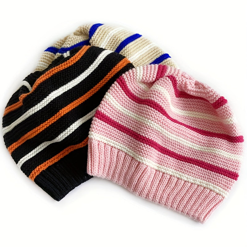 Kids Striped Knit Hat for Autumn/Winter, Warm Woolen Baby Hat