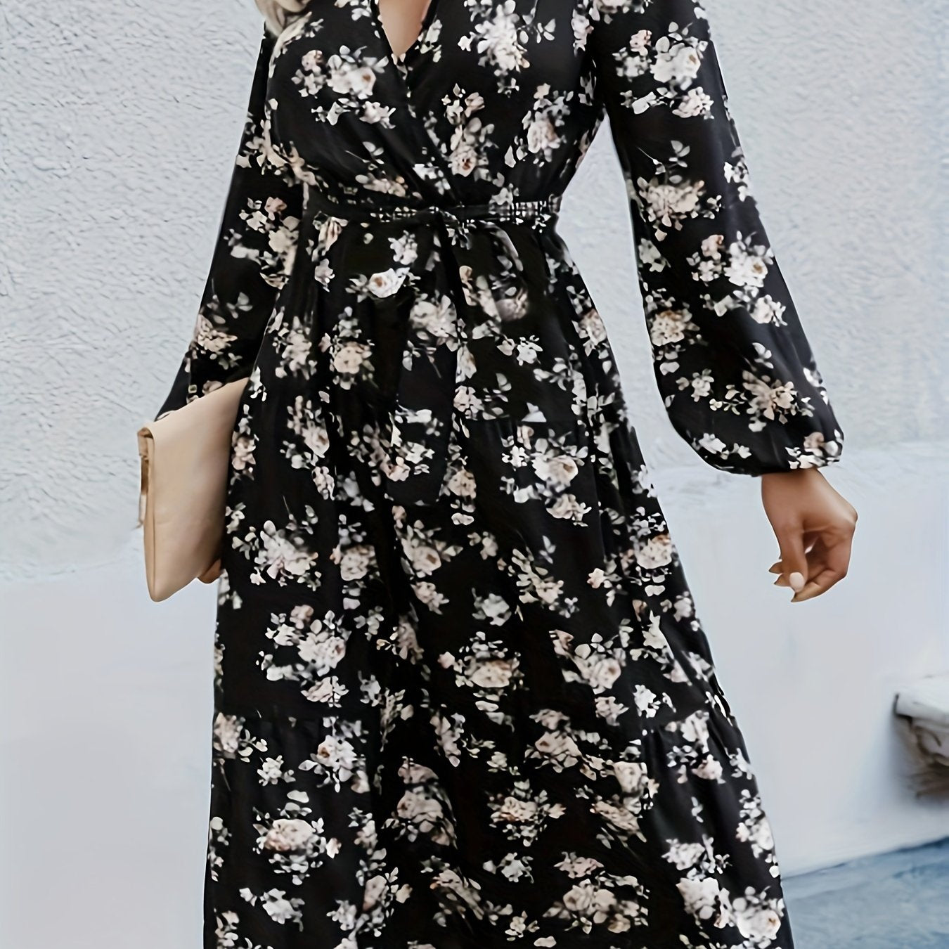 Women's Plus Floral Print Long Sleeve Dress With Belt