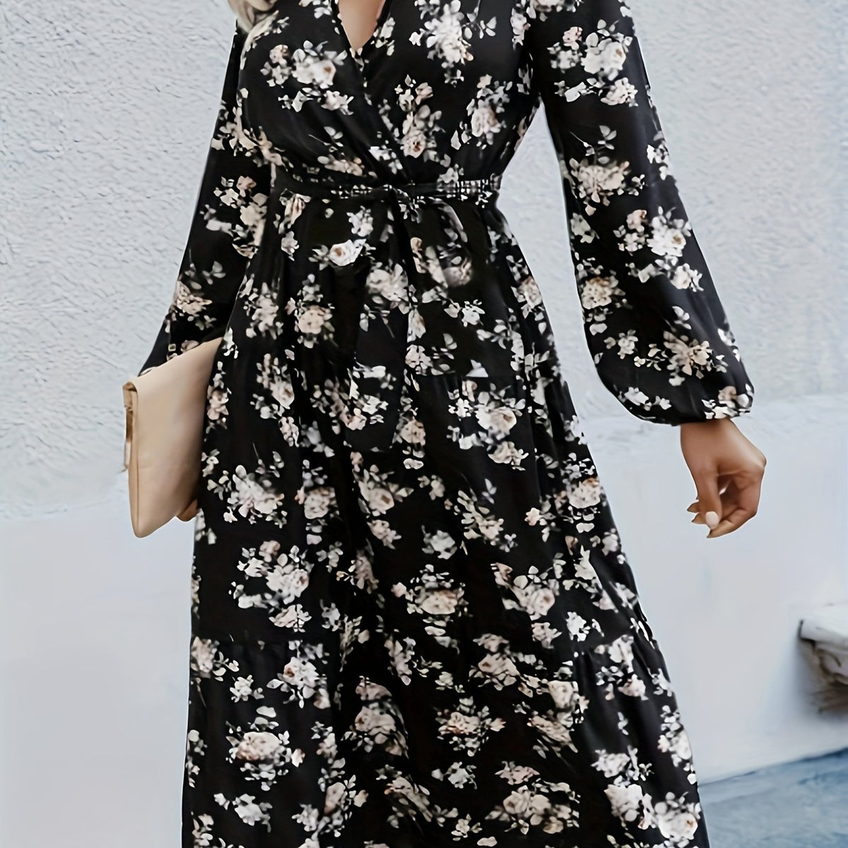 Women's Plus Floral Print Long Sleeve Dress With Belt
