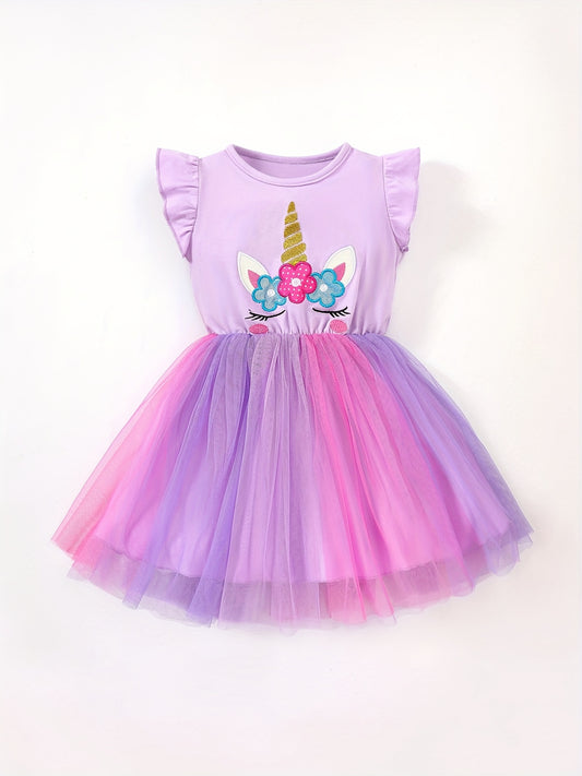 Toddler Girls Unicorn Embroidery Mesh Dress
