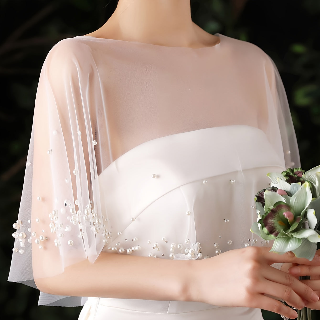 Pearl Adorned Bridal Shawl Tulle Cape with Sheer Sleeves
