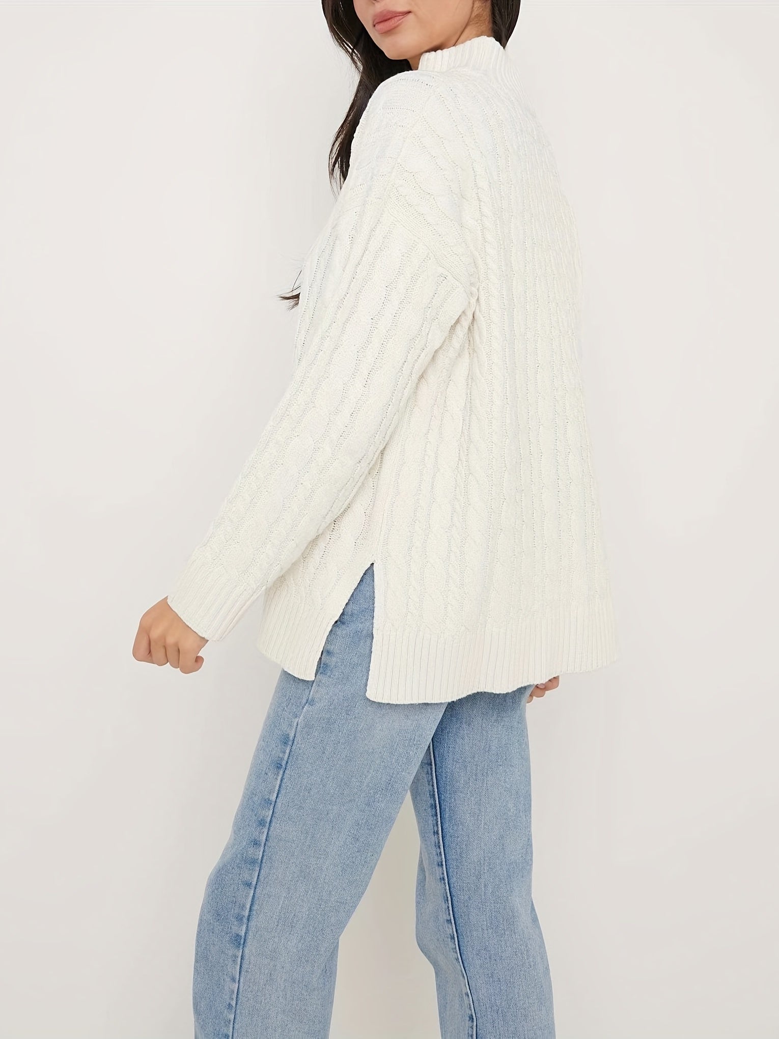  Solid Cable Zip Up Sweater