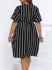  Pin Stripe Print Cap Sleeve Midi Dress
