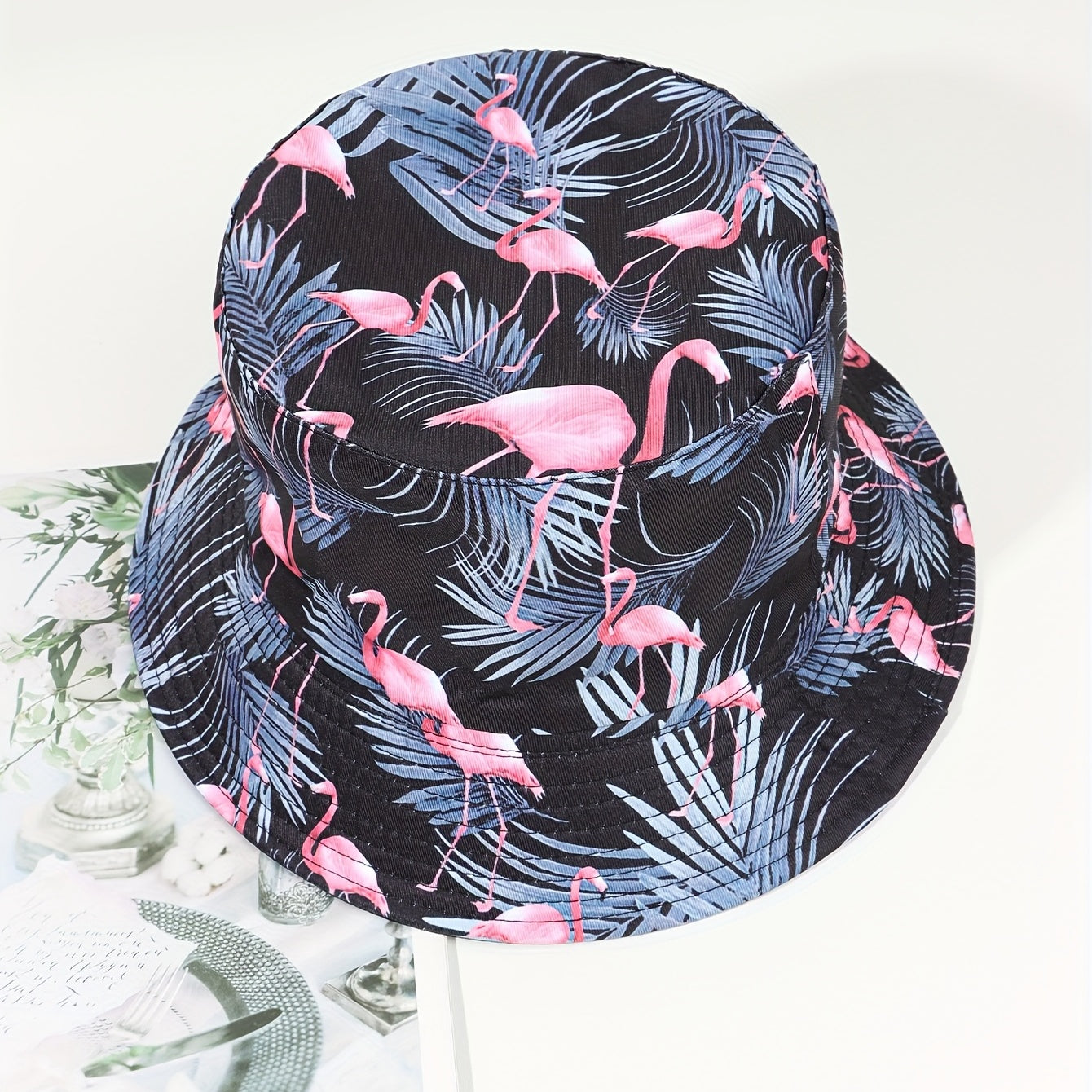 Flamingo Branch Bucket Hat Reversible Cartoon Print Basin Hat Sunscreen Fisherma